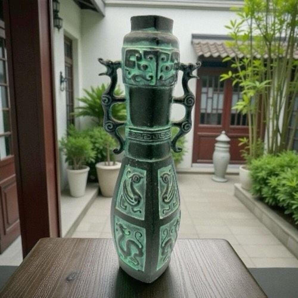 Chinese Vintage Flower Vase Kabin Ikebana Crane Zodiac Dragon Handle Talisman